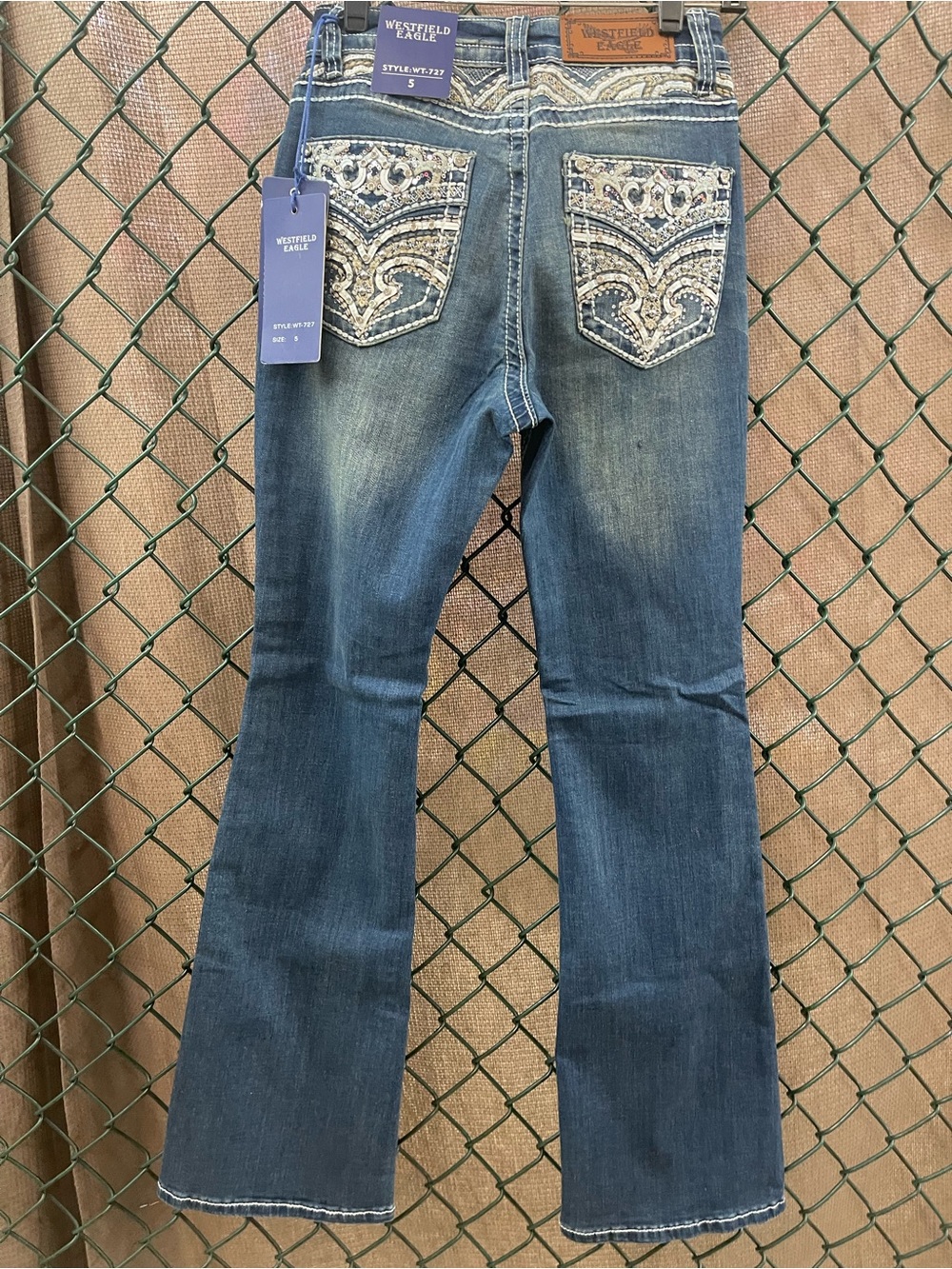 Women's Denim Bootcut Jeans in Blue with Embellished Pockets